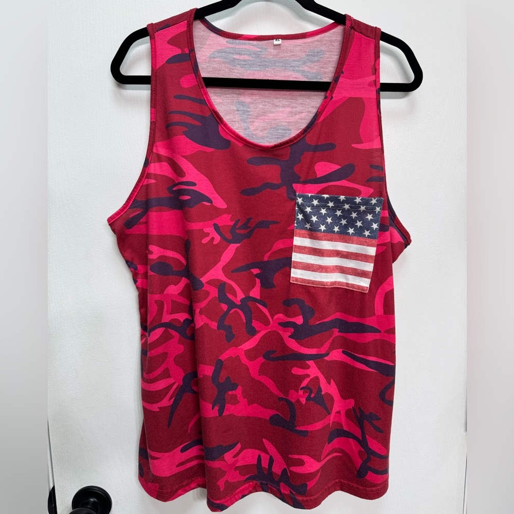No Brand, Women’s, Red and Pink Camo Tank Top with American Flag Pocket, Size XL